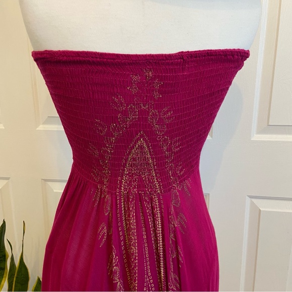 Strapless Dress w/Handkerchief Hem in Dark Pink + Gold - Picture 6 of 9